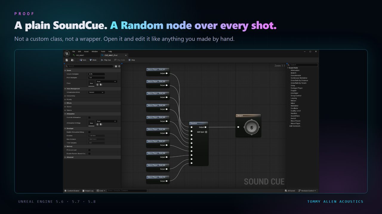 A plain SoundCue &mdash; nothing custom, nothing locked.