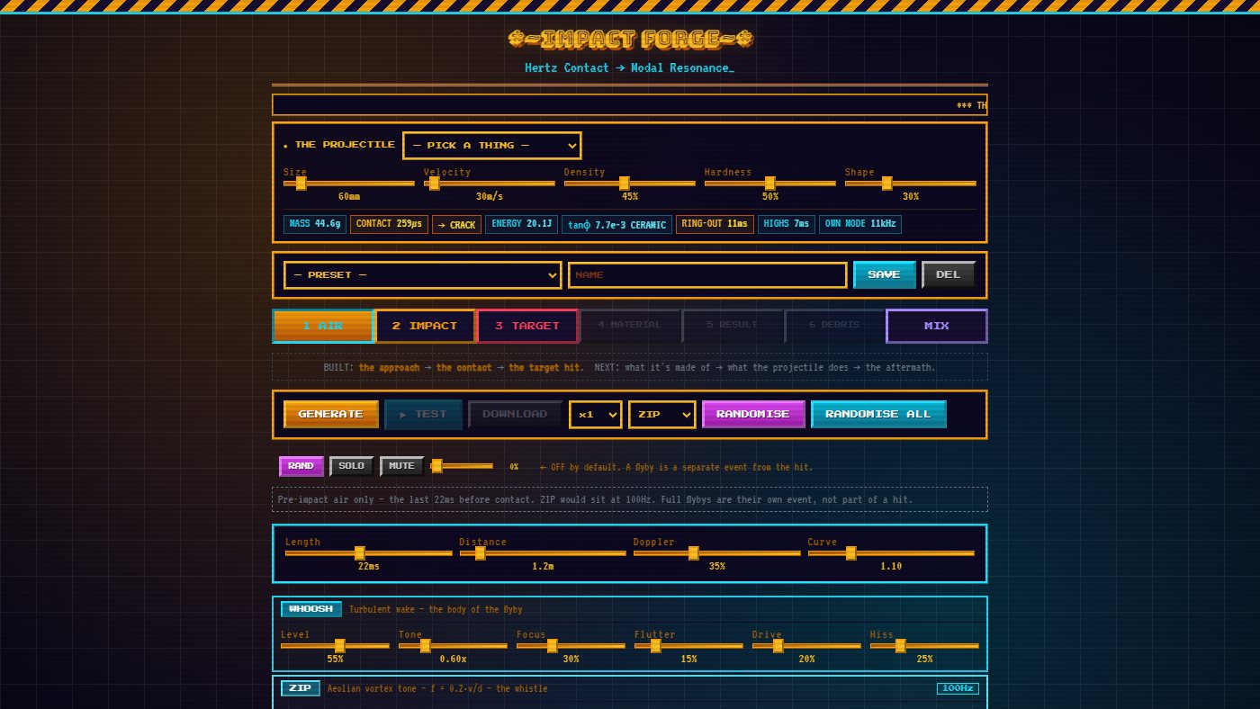 Impact Forge in the browser, with the projectile controls and the stage bar.