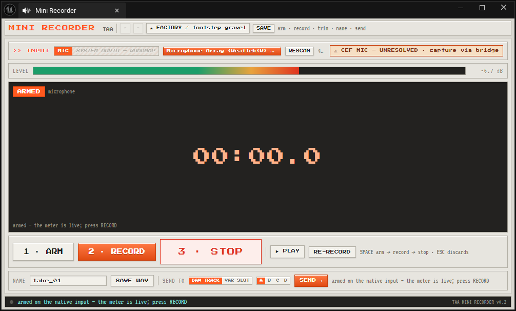 Mini Recorder as an editor tab, armed with a live meter.