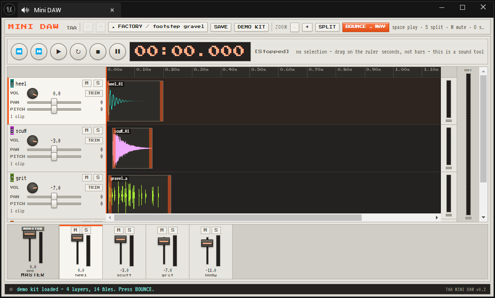 Mini DAW as an editor tab with clips across named tracks.